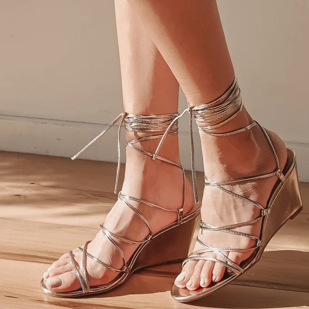 Gold Lace-Up Wedge Sandals